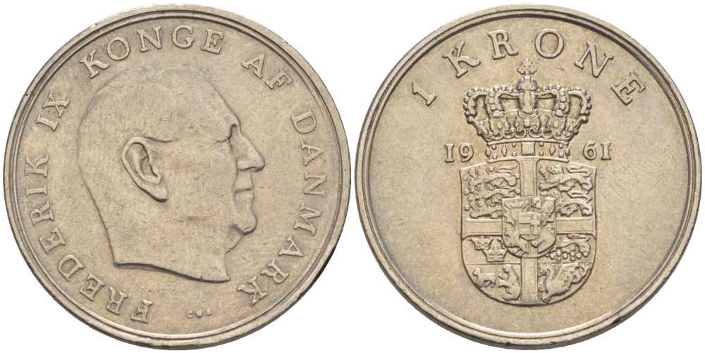 ДАНИЯ 1 КРОНА 1961 C;S, ФРЕДЕРИК IX (1947-1972) KM 851.1 медно-никель 202-756