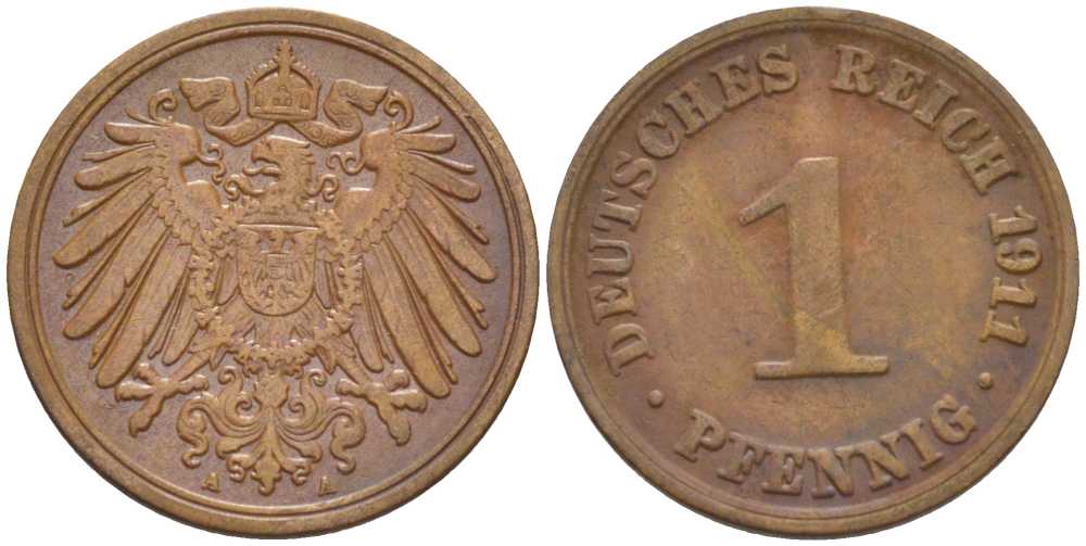 Германия 1 пфенниг 1911 A KM 10, J. 10, Weege 2 медь 211-442