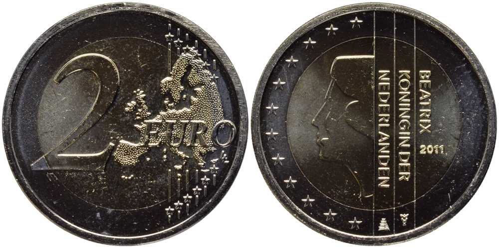 НИДЕРЛАНДЫ 2 ЕВРО 2011 КОРОЛЕВА БЕАТРИКС KM 272 биметалл BUNC 114-941