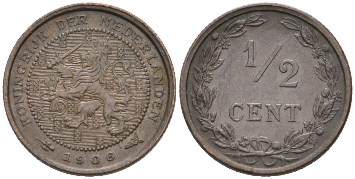Нидерланды 1/2 цента 1906 Вильгельмина (1890-1948) KM 133 бронза 4576-332