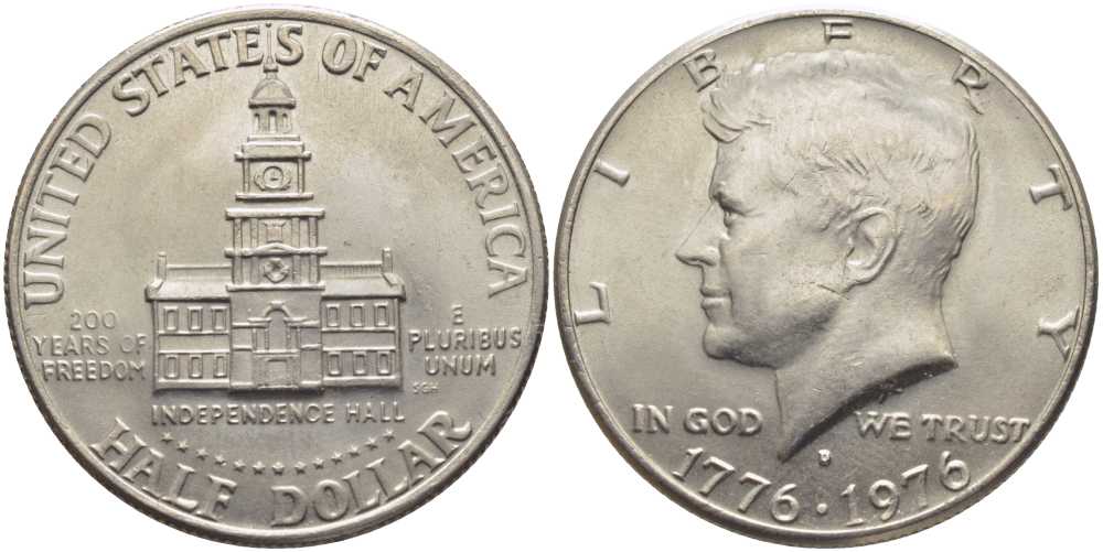 США 50 центов = 1/2 доллара 1976 D, 200 лет независимости, Джон Кеннеди KM 205 медь плакированная медно-никелем 109-1026