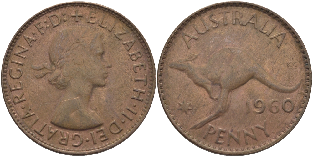 АВСТРАЛИЯ 1 ПЕННИ 1960 m, ЕЛИЗАВЕТА II, КЕНГУРУ KM 56 бронза 97-913