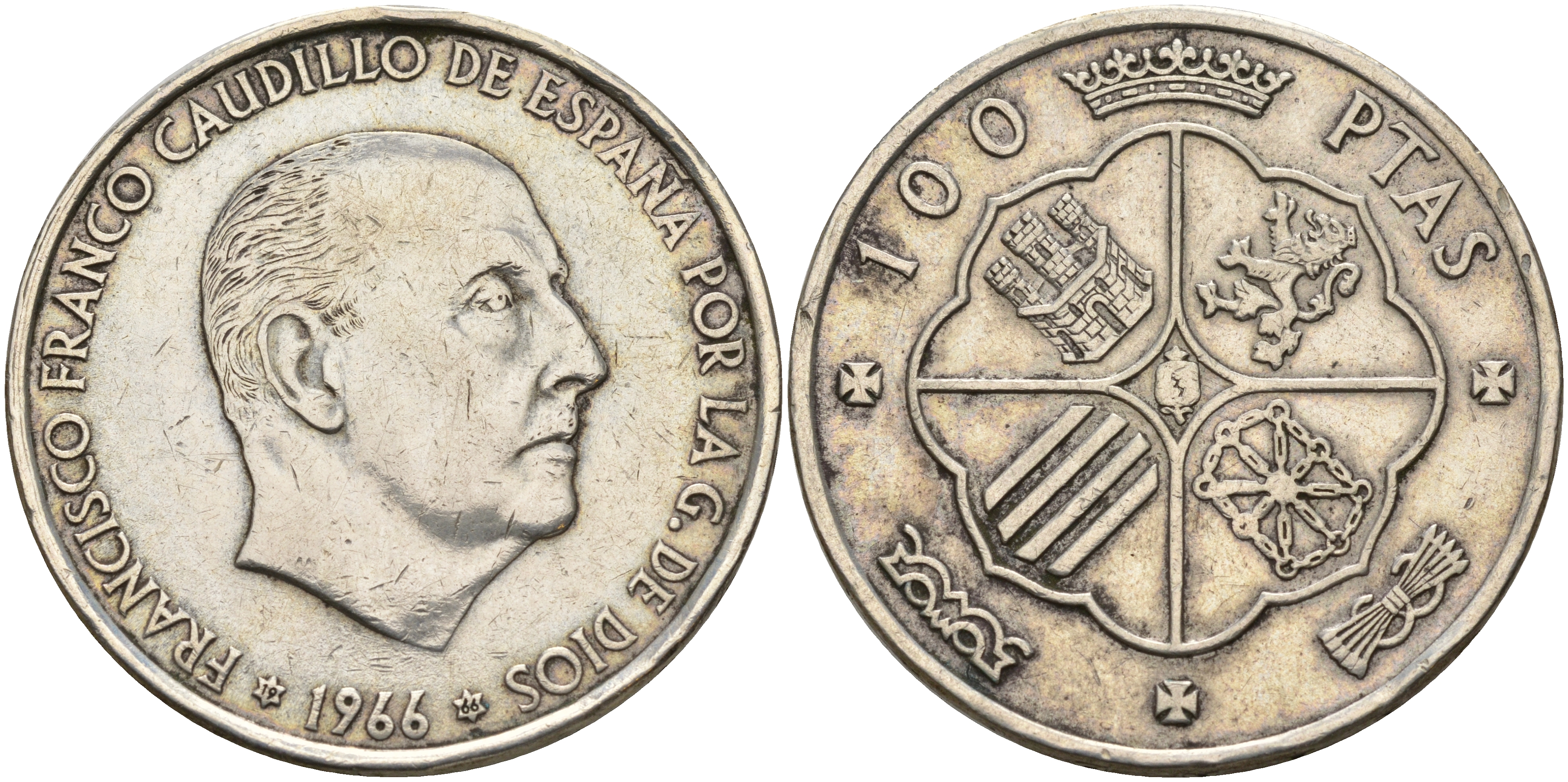 Испания 100 песет 1966 (66) Франсиско Франко (1939-1975) KM 797 серебро    4368-411