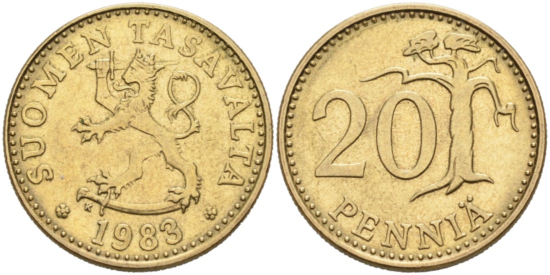 ФИНЛЯНДИЯ 20 ПЕННИ 1983 K KM 47 алюминиевая бронза 4563-333
