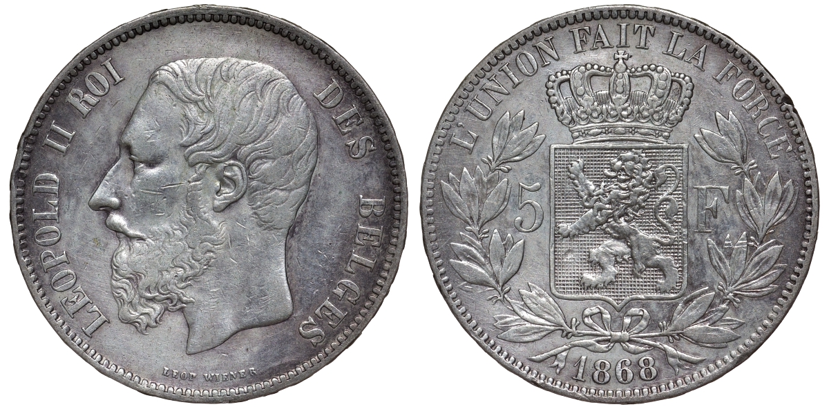 Бельгия 5 франков 1868 Леопольд II (1865-1909) KM 24 серебро    1530-934