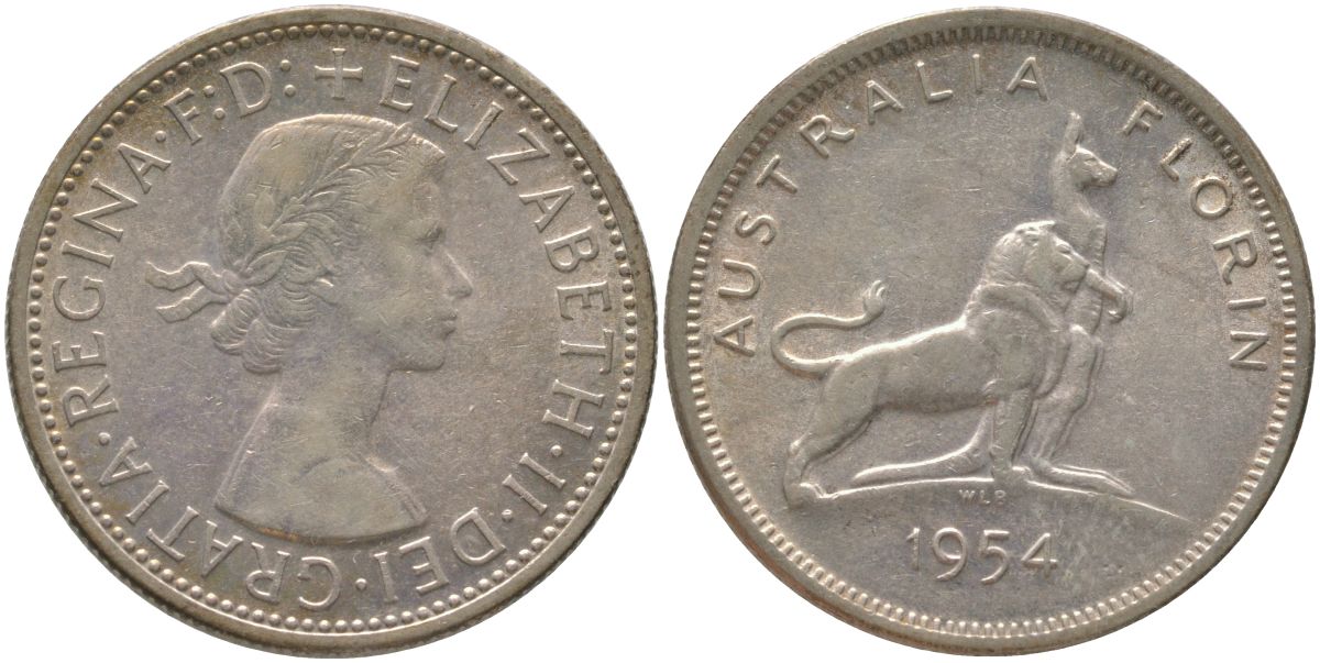 Австралия 1 флорин = 2 шиллинга 1954 Королевский визит в Австралию, Елизавета II (1952-2022), английский лев и кенгуру KM 55 серебро 81-146