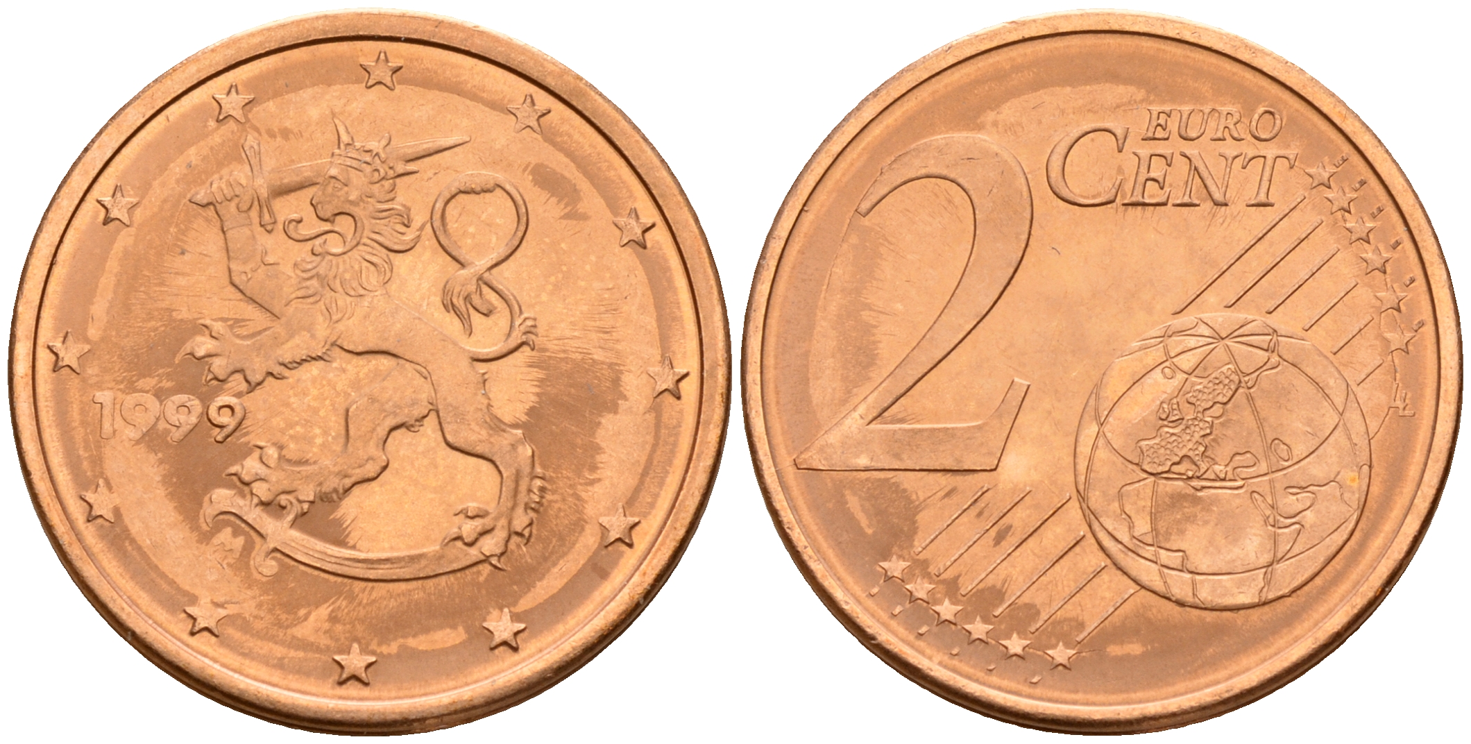 Финляндия 2 евроцента 1999  KM 99 сталь плакированная медью  UNC  4160-342