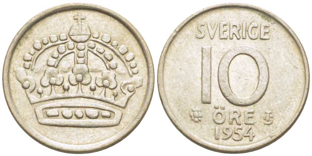 Швеция 10 эре 1954 TS, Густав VI Адольф (1950-1973) KM 823 серебро 116-1213