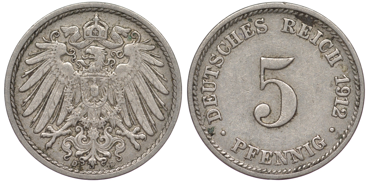 Германия 5 пфеннигов 1912 A, KM 11, J. 12 медно-никель 25-2154
