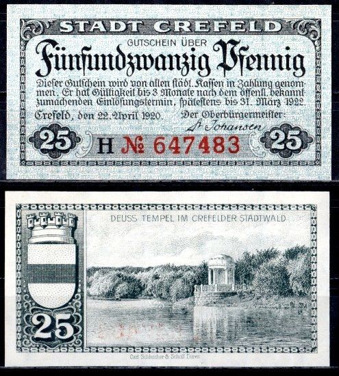 Крефельд (Пруссия, Рейн) 25 пфеннигов 1920 Mehl Grabowski C29.6a бумага UNC (пресс) 7555-56-3-1