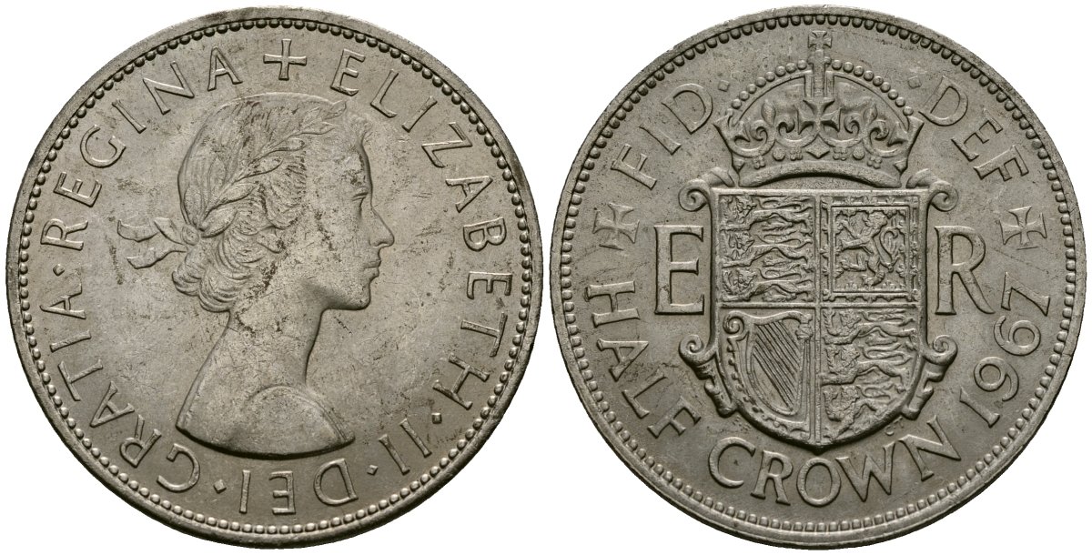 Великобритания 1/2 кроны 1967 Елизавета II (1952-2022) KM 907, Spink 4145 медно-никель 4125-615