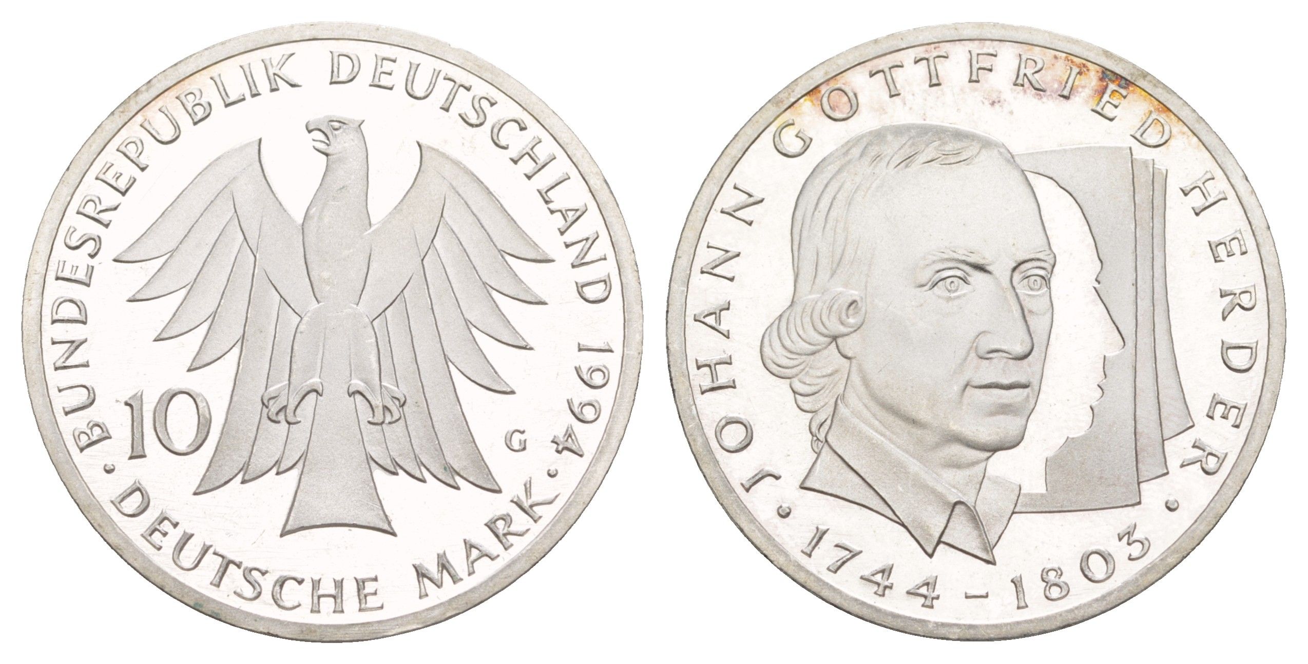 ФРГ 10 марок 1994 250 лет со дня рождения Иоганна Готфрида Гердера KM 184 серебро PROOF 1530-1114