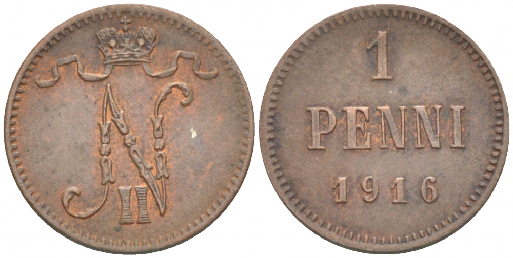 РОССИЯ ДЛЯ ФИНЛЯНДИИ 1 ПЕННИ 1916 НИКОЛАЙ II (1895-1917) KM 13, Биткин 476 медь 211-1041