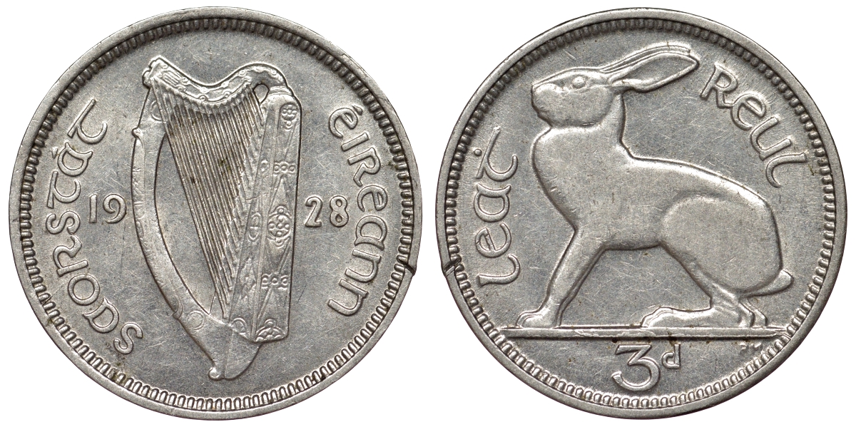 Ирландия 3 пенса 1928 заяц KM 4 никель 71-143