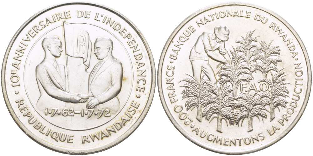 РУАНДА 10 ФРАНКОВ 1972 FAO, 10 ЛЕТ НЕЗАВИСИМОСТИ, ПРОБА 800, ВЕС 18 ГР., ТИРАЖ 30000 ЭКЗ. KM 11 серебро UNC 1085-6-41