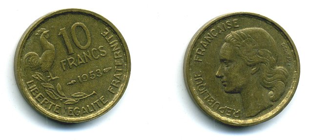 Франция 10 франков 1953 петух KM 915.1, Le Franc 363.8 алюминиевая бронза 46-428