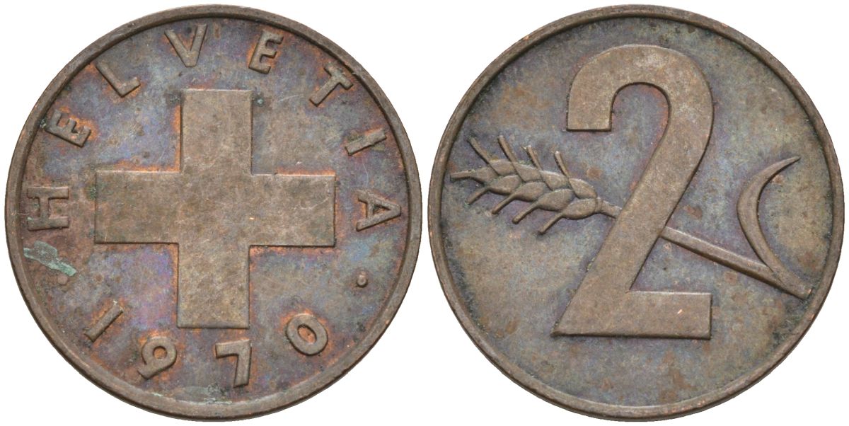 Швейцария 2 раппена 1970 KM 47 бронза 4592-722