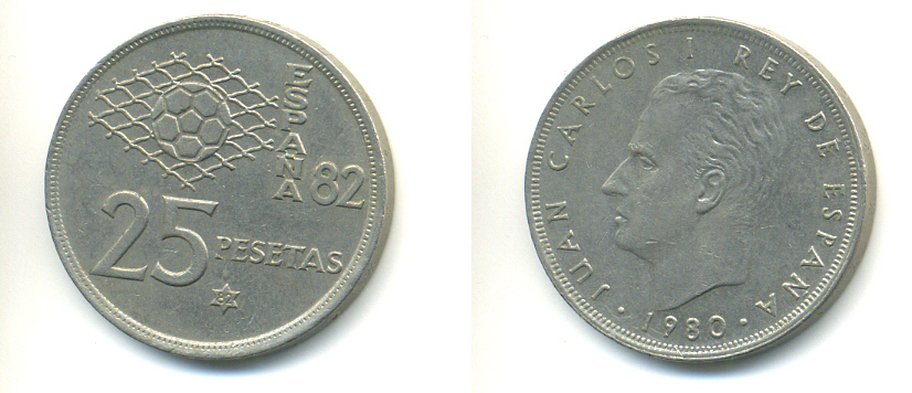 Испания 25 песет 1980 (82) чемпионат мира по футболу KM 818 медно-никель 89-1436