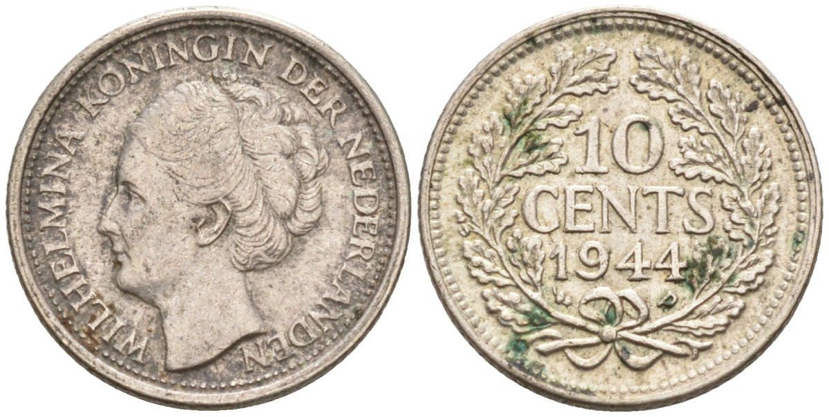 Нидерланды 10 центов 1944 Вильгельмина I (1890-1948) KM 163 серебро 4576-811