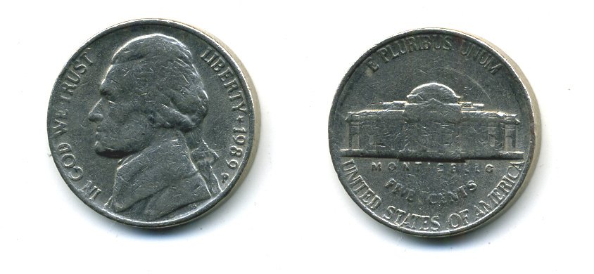 США 5 ЦЕНТОВ 1989 ДЖЕФФЕРСОН KM A192 медно-никель 4364-335