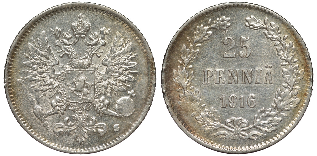 Россия для Финляндии 25 пенни 1916 S, Николай II (1894-1917) KM 6.2, Биткин 421 серебро 75-1358
