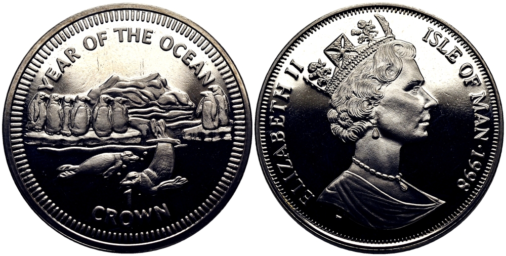 Остров Мэн 1 крона 1998 год океанов, пингвины и нерпа КМ 898 медно-никель UNC M91-15