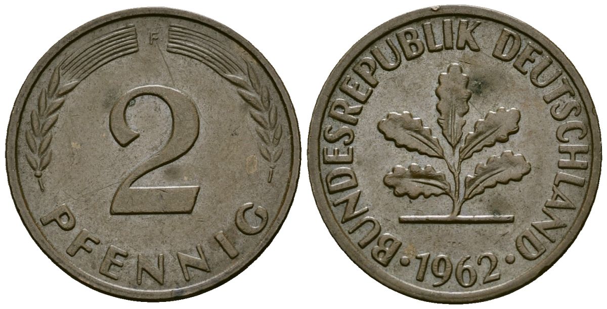 ФРГ 2 пфеннига 1962 F KM 106 бронза 4173-1141
