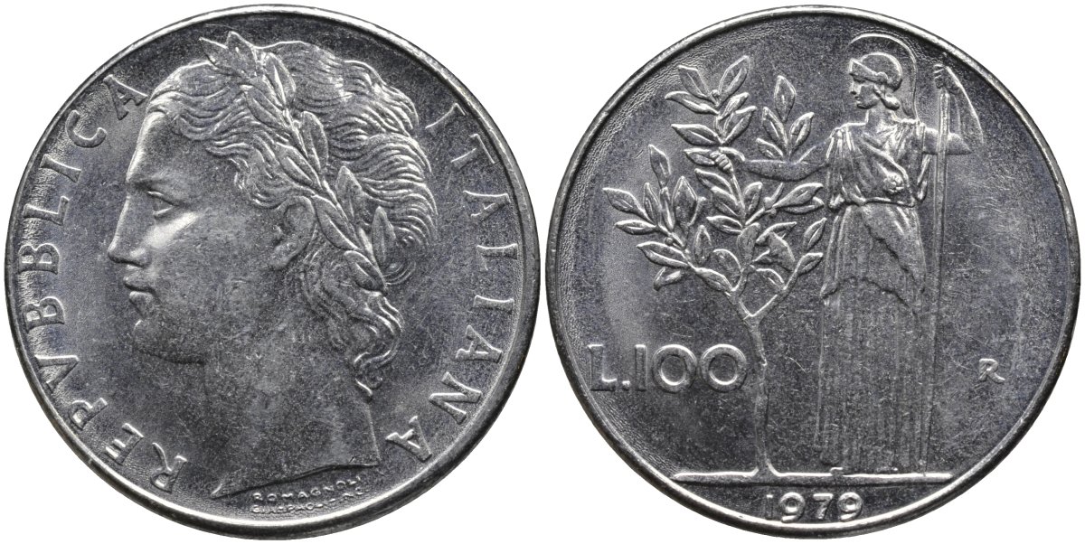 Италия 100 лир 1979 R, Афина в доспехах KM 96.1 нержавеющая сталь 4165-225