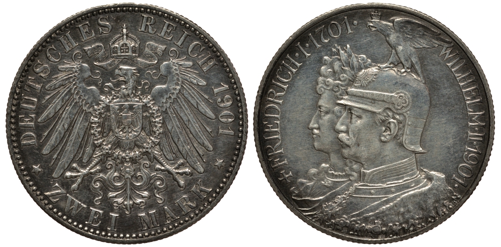 Пруссия 2 марки 1901 A, 200 лет Прусской королевской династии (Фридрих I - Вильгельм II) J.105, Weege 105, KM 525 серебро 3711-1134