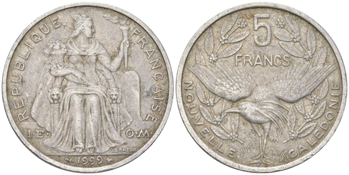 Французская Новая Каледония 5 франков 1999 птица кагу, (IEOM) KM 16, Schoen 12, Lec 81d алюминий 189-233