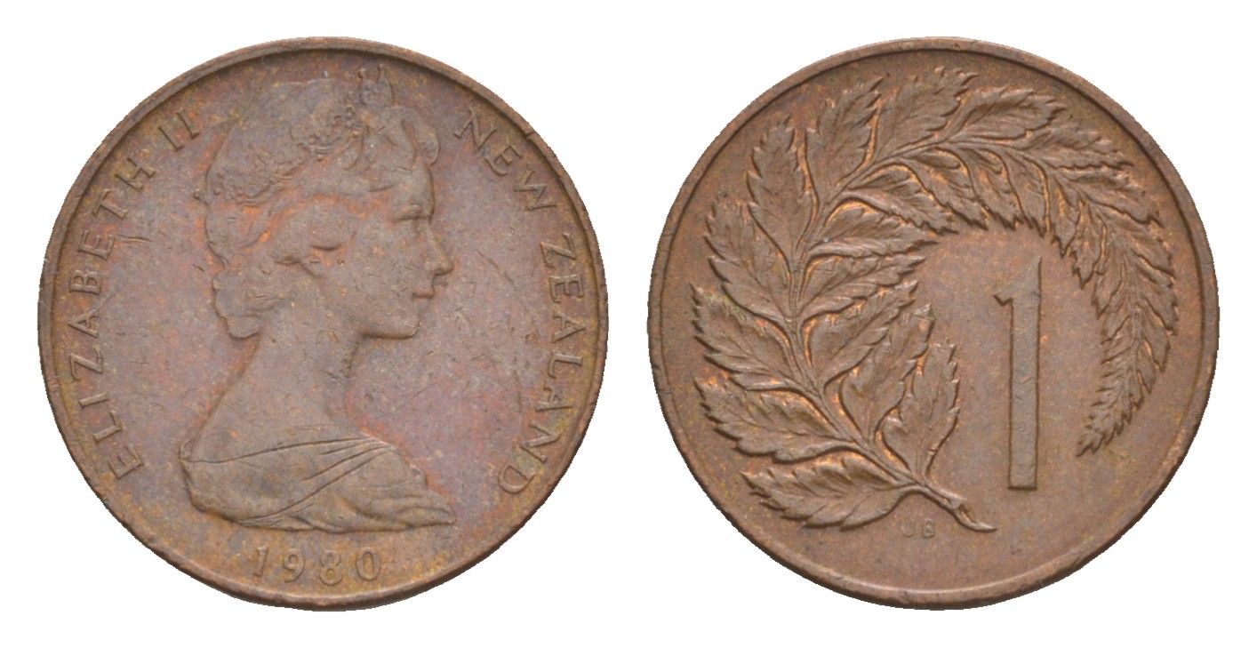 Новая Зеландия 1 цент 1980 Елизавета II (1952-2022), лист папоротника KM 31.1 бронза 4655-1136