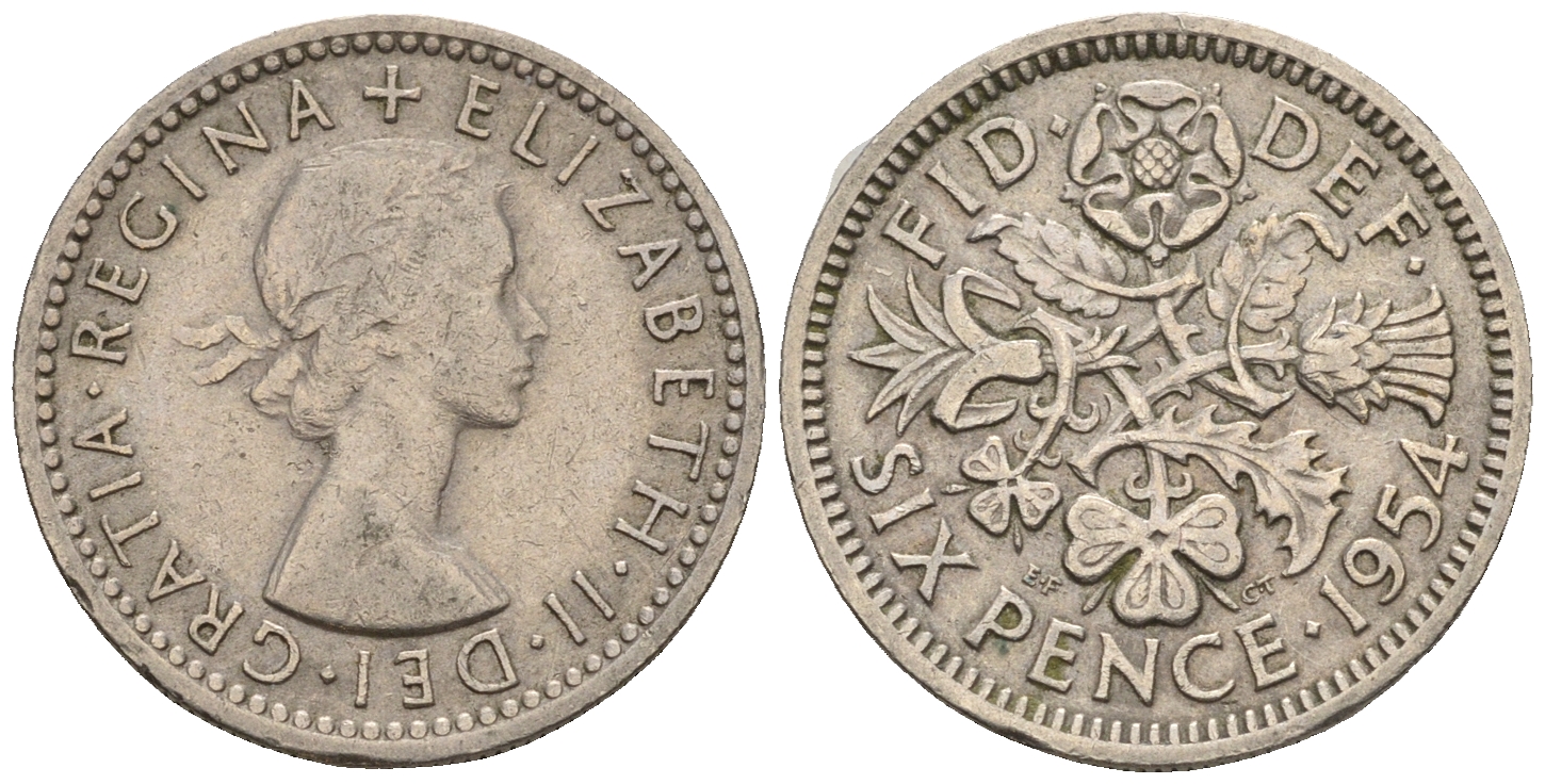Великобритания 6 пенсов 1954 Елизавета II (1952-2022) KM 903, Spink 4149 медно-никель 4609-1124