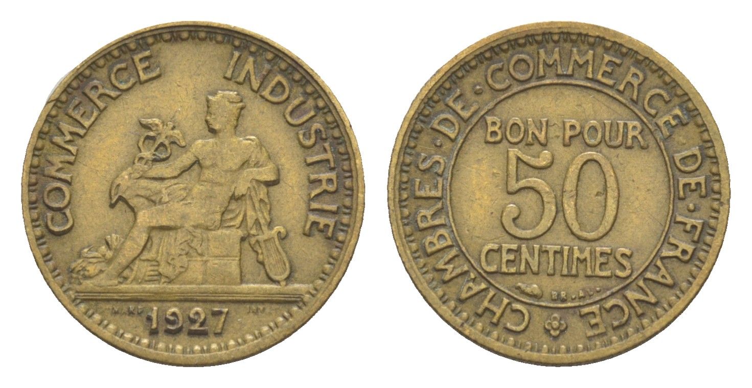 Франция 50 сантимов 1927 KM 884 алюминиевая бронза 83-454