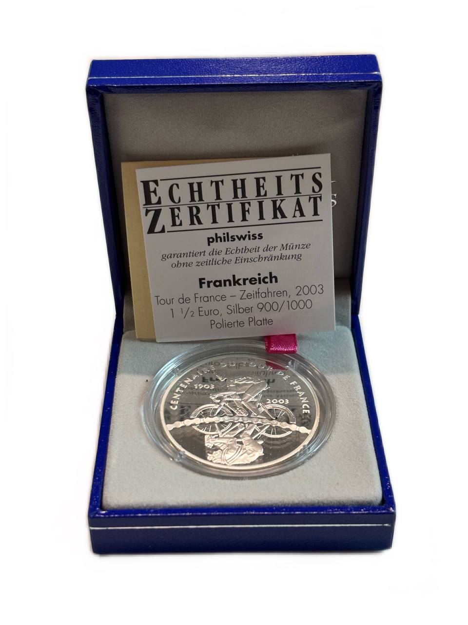 Франция 1 1/2 евро 2003 100 лет велогонкам Тур де Франс, велосипедист и его отражение, в оригинальной коробке, сертификат KM 1321 серебро  PROOF  1-6-4-63