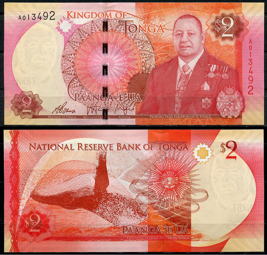 Тонга 2 паанга ND (2015) король Тупоу VI, кит в прыжке Pick 44  бумага  UNC (пресс) 449-13-3