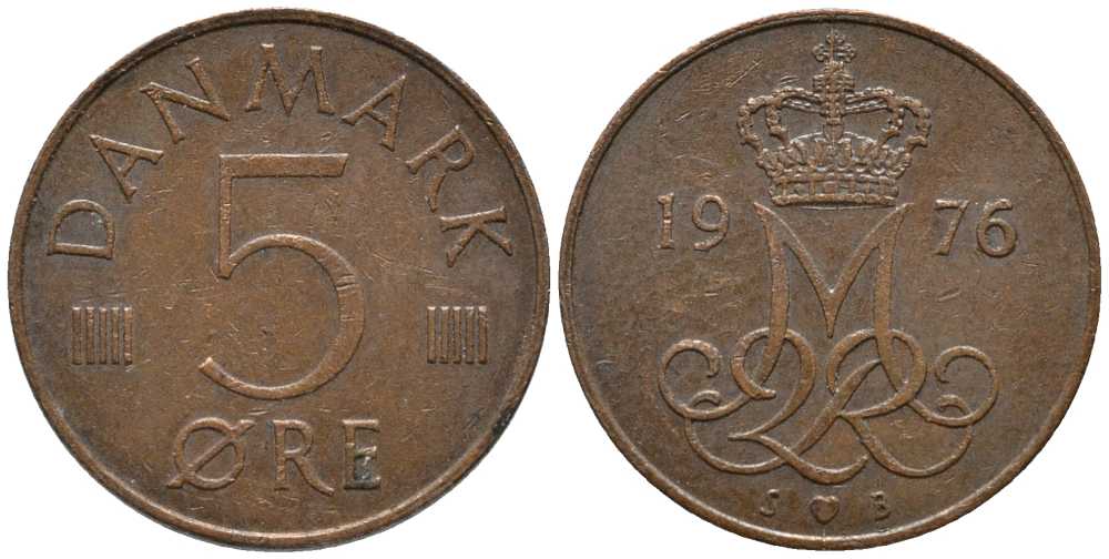 Дания 5 эре 1976 S; B, Маргрете II (1972- ) KM 859.1 железо плакированное медью 116-149