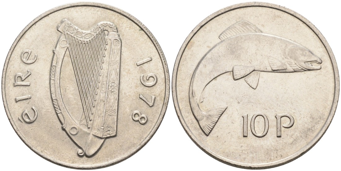 Ирландия 10 пенсов 1978 лосось KM 23 медно-никель 88-736
