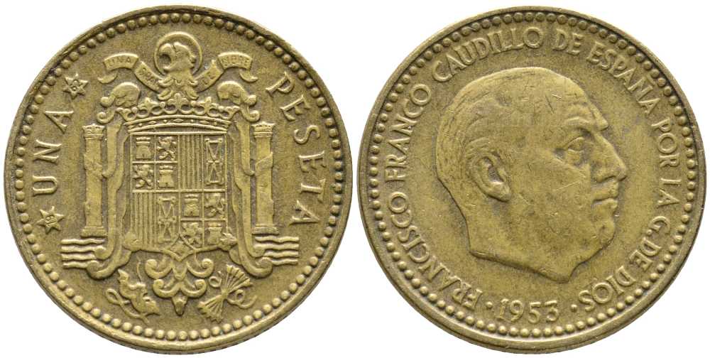 ИСПАНИЯ 1 ПЕСЕТА 1953 (62) ФРАНСИСКО ФРАНКО ДИКТАТОР ИСПАНИИ (1939-1975) KM 775 алюминиевая бронза 110-1133
