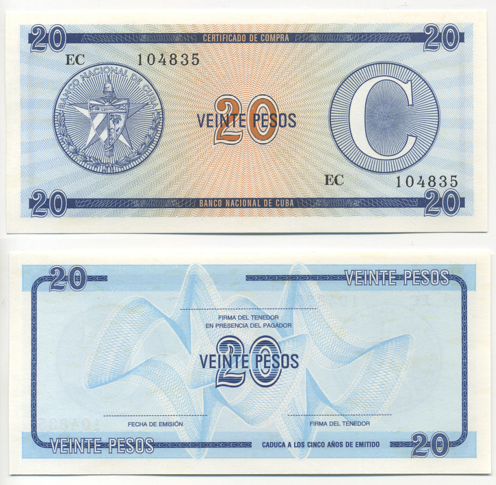 Куба, валютный сертификат 20 песо ND серия C, второй выпуск, голубая Pick FX 23 бумага UNC (пресс) 00-00