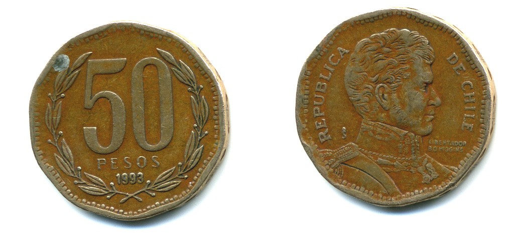 Чили 50 песо 1993 Бернардо О’Хиггинс KM 219.2 алюминиевая бронза 37-1255