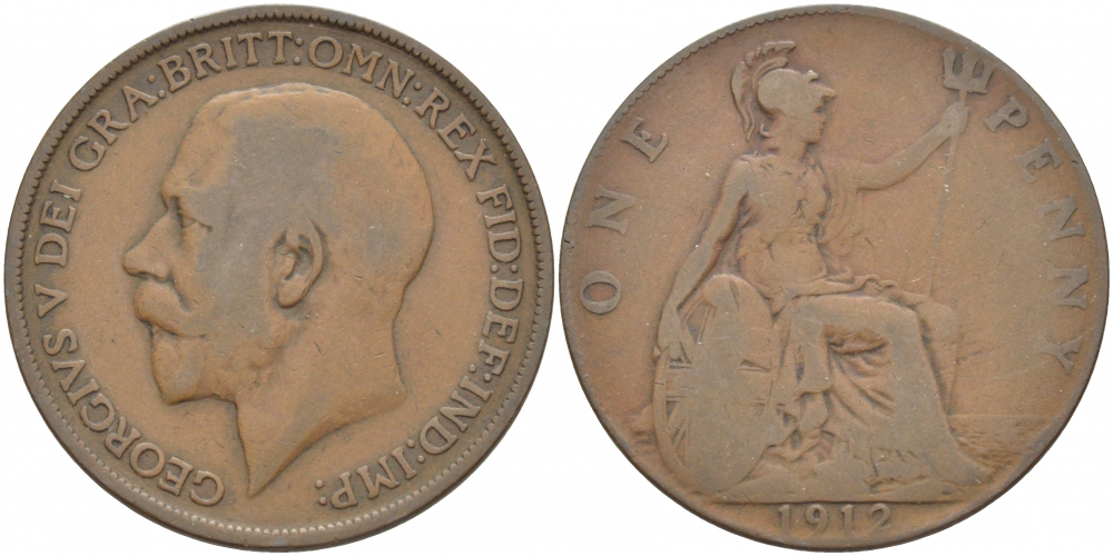 Великобритания 1 пенни 1912 Георг V (1910-1936) KM 810, Spink 4051 бронза 3996-233