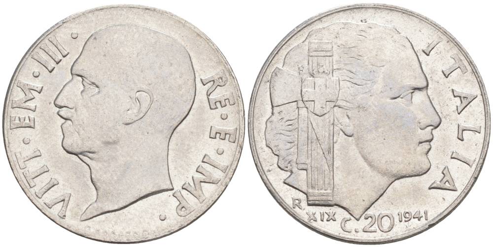 ИТАЛИЯ 20 ЧЕНТЕЗИМО 1941 R, ГОД XIX, ВИКТОР ЭММАНУИЛ III (1900-1946) KM 75b, VEM3. 1028 нержавеющая сталь 3853-752