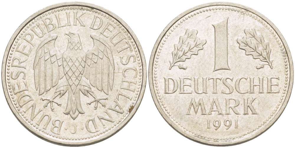 ФРГ 1 МАРКА 1991 J KM 110 медно-никель 3718-1235