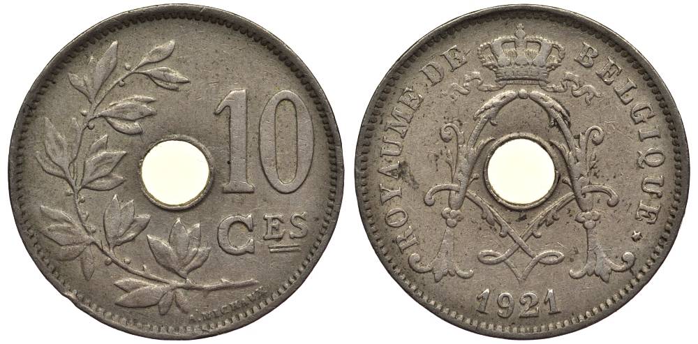 БЕЛЬГИЯ 10 САНТИМОВ 1921 BELGIQUE, АЛЬБЕРТ I (1909-1934) KM 85.1 медно-никель 27-916