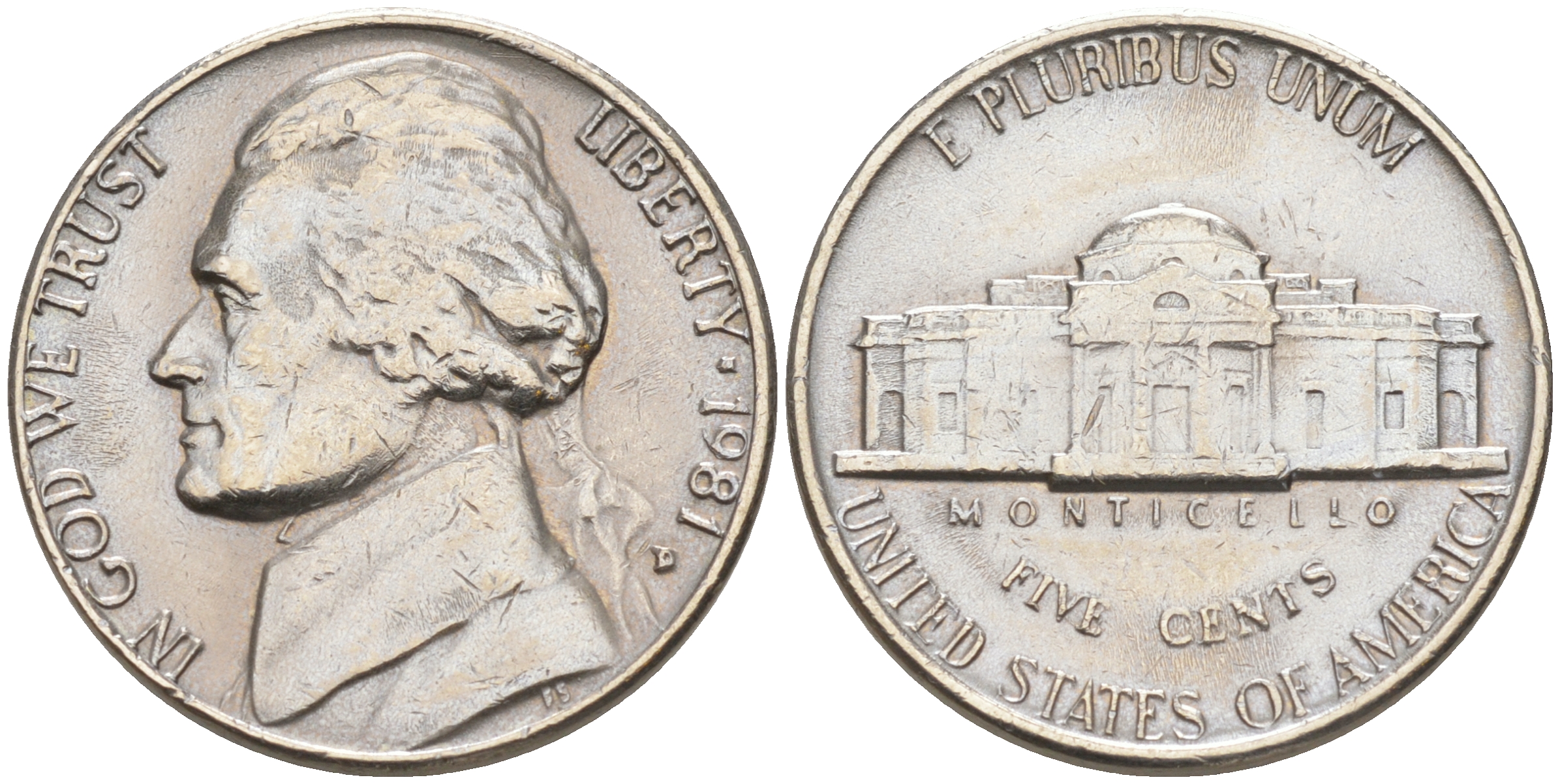 США 5 ЦЕНТОВ 1981 D, ДЖЕФФЕРСОН KM A192 медно-никель 190-133