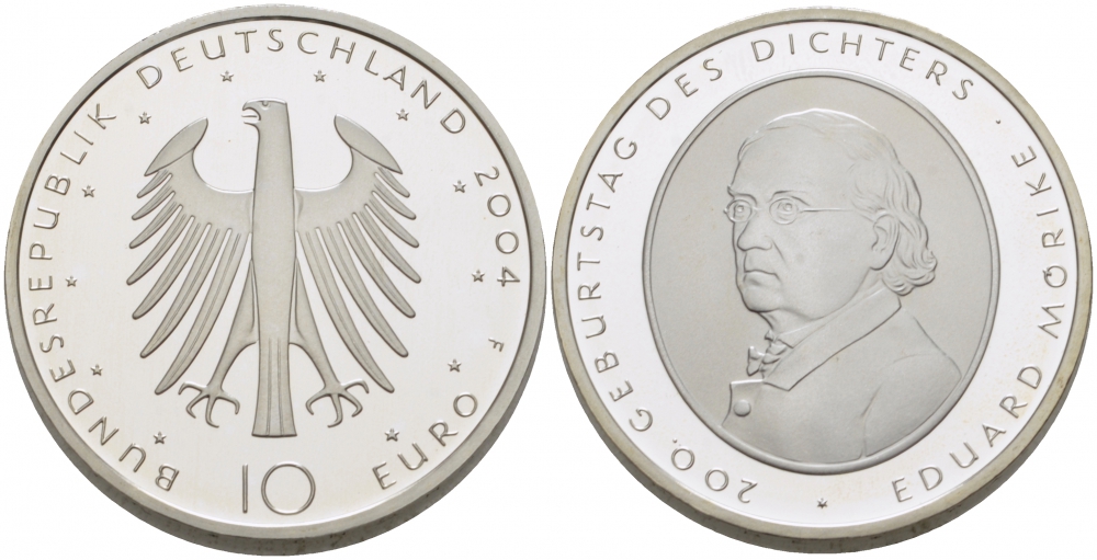 ФРГ 10 евро 2004 F, 200 лет со дня рождения Эдуарда Мёрике KM 233, DE.S. 10.16 серебро PROOF 1068-10-64