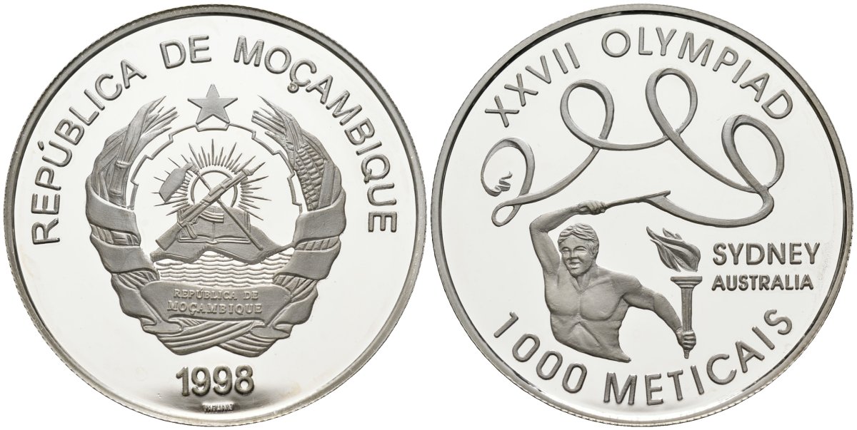 Мозамбик 1000 метикалей 1998 XXVII олимпийские игры в Сиднее, тираж 10000 экз. KM 128 серебро PROOF 1078-5-63