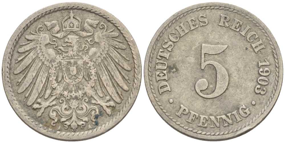 ГЕРМАНИЯ 5 ПФЕННИГОВ 1903 A KM 11, J. 12 медно-никель 100-1122