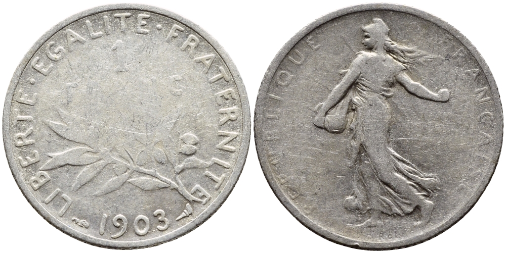 Франция 1 франк 1903 сеятель, редкий год KM 844.1, LE FRANC 217.8 серебро 633-232