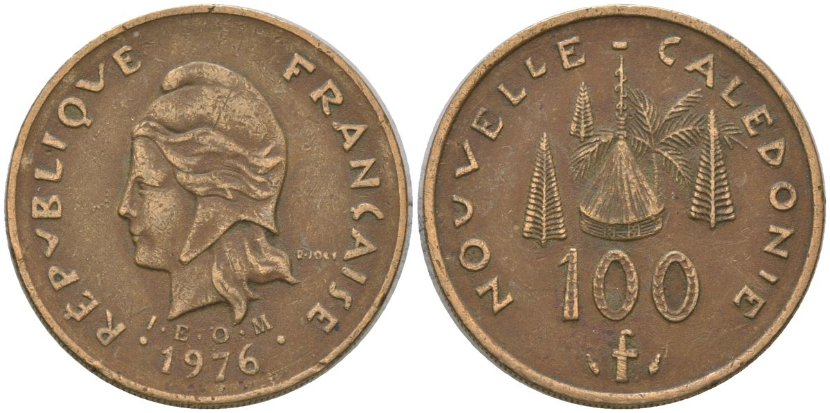 Французская Новая Каледония 100 франков 1976 R·JOLY (с точкой), хижина среди сосен и пальм, (IEOM) KM 15, Schoen 16, Lec 130 никель латунь 4137-642
